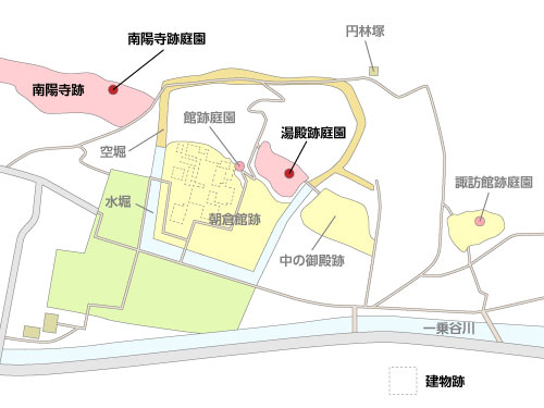 一乗谷朝倉氏遺跡の南陽寺跡庭園と湯殿跡庭園の配置